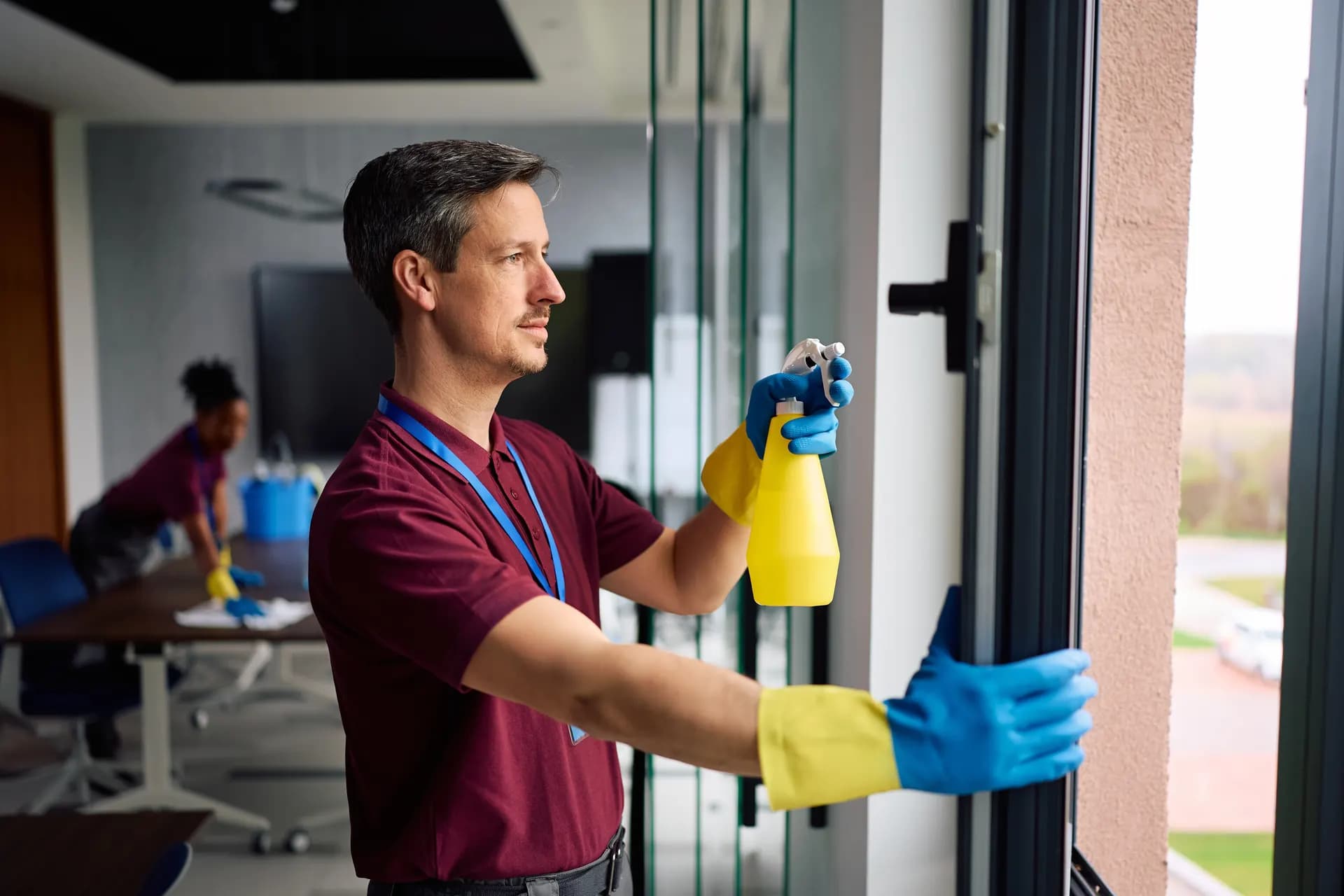 Reinigungskraft bei der Fensterreinigung in einem Büro