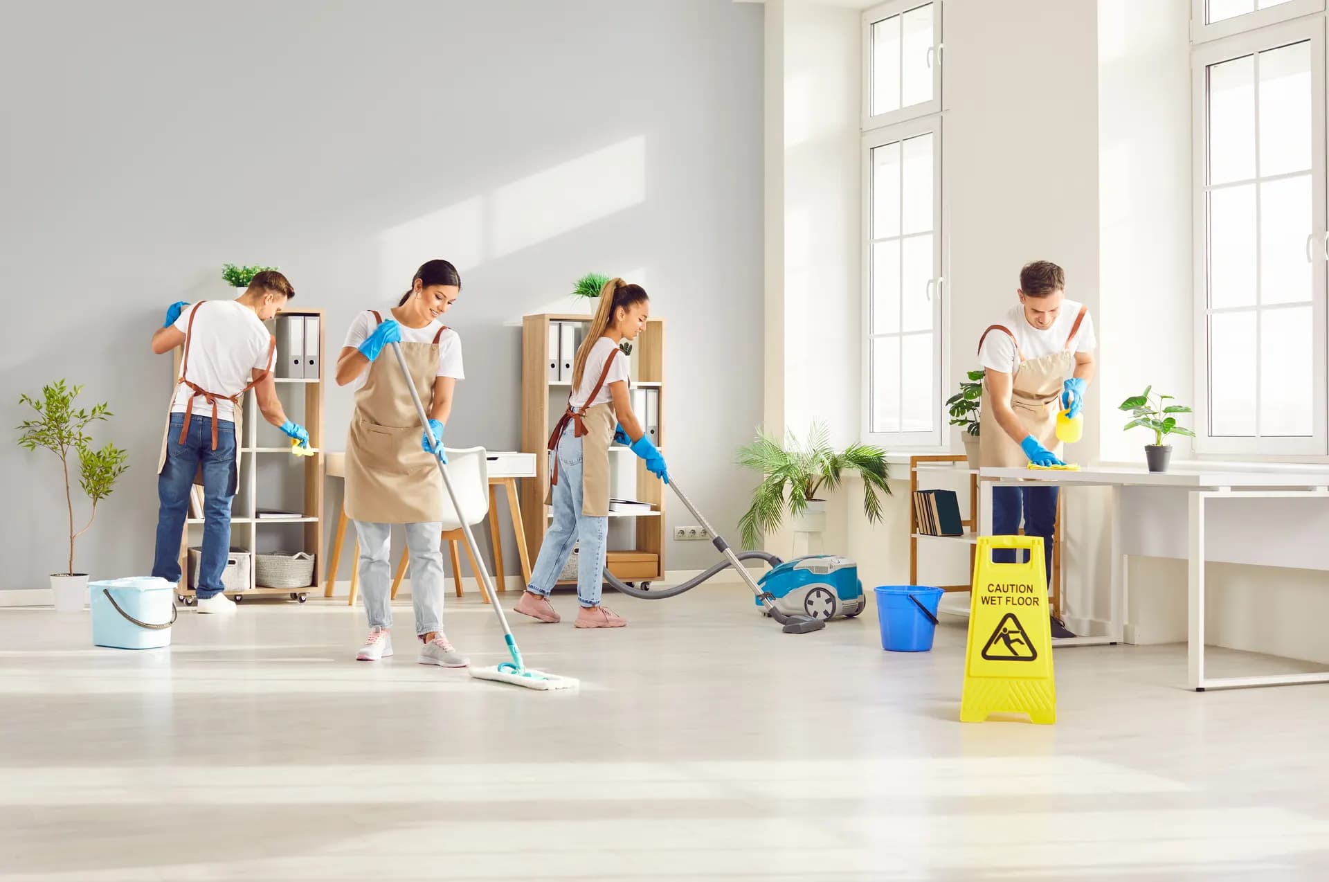 Reinigungsteam im Einsatz in einer hellen Bürofläche