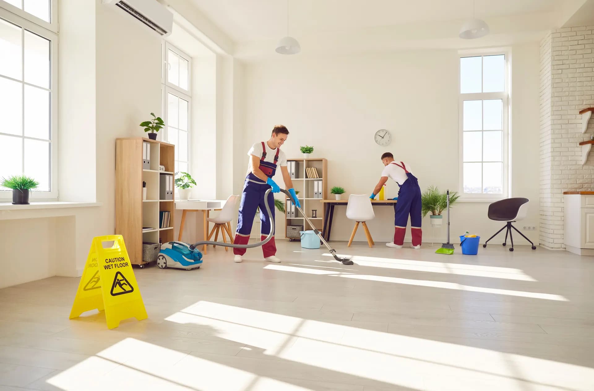 Reinigungsteam bei der Arbeit in einer hellen Wohnung